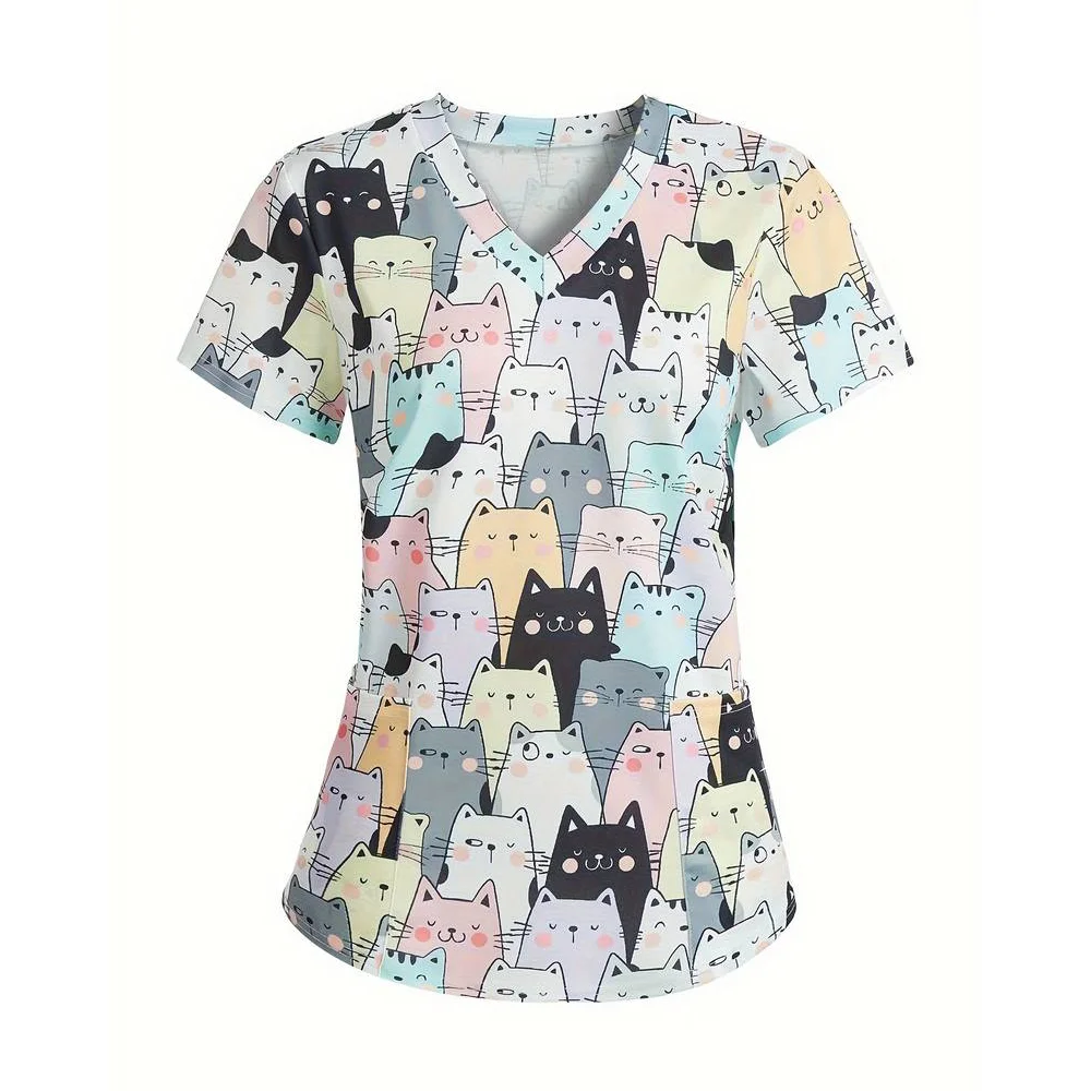 Medical Nursing Uniform Women’s Stretch Ombre Print V-Neck Short Sleeve Tops Pocket Medical Clothing for Women Hospital Uniform