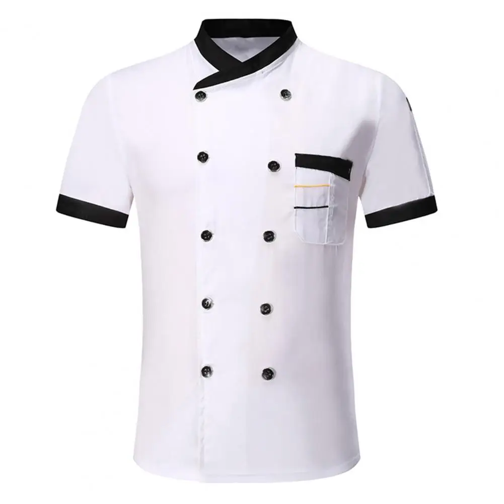 Unisex Chef Shirt Double-breasted Stand Collar Restaurant Kitchen Chef Uniform Short Sleeves Cooking Clothes Catering Chef Shirt