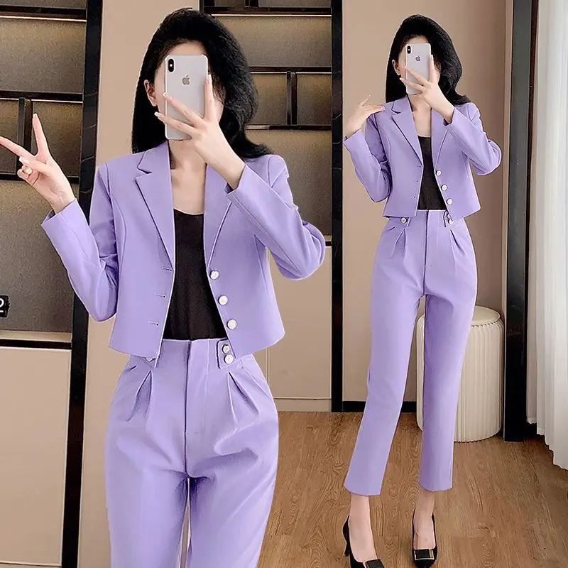 Damski krótki zestaw marynarki Petite, wysoki stan, dopasowany krój, elegancki garnitur na wiosnę i jesień, marynarka i spodnie.