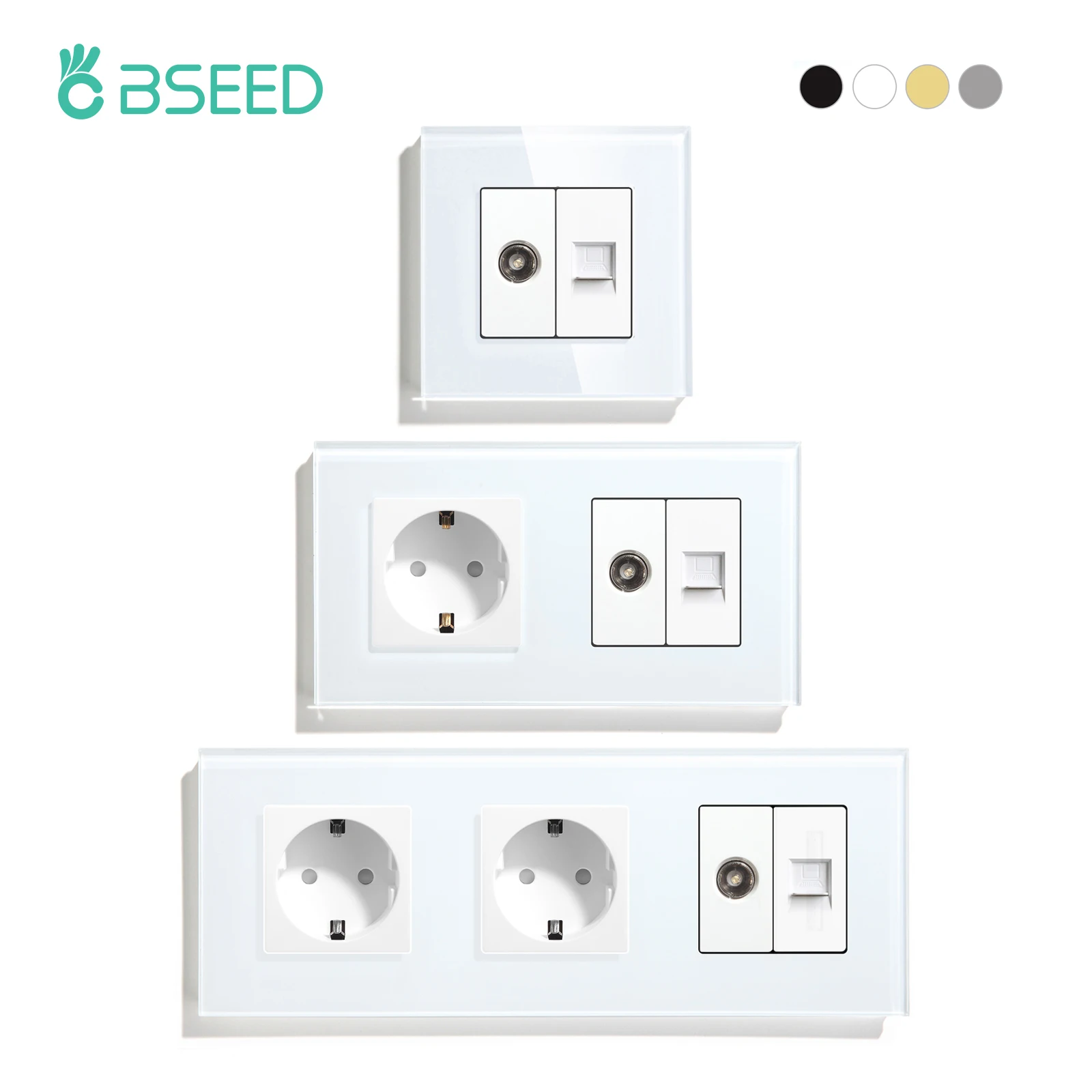 BSEED Single TV CAT5 Internet Socket Double EU Power Socket Triple Germany  With RJ45 Television Wall Sockets Glass Frame