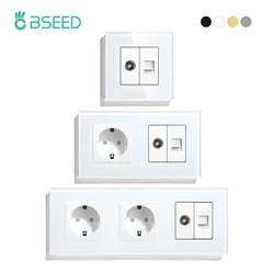 BSEED Single TV CAT5 Internet Socket Double EU Power Socket Triple Germany  With RJ45 Television Wall Sockets Glass Frame