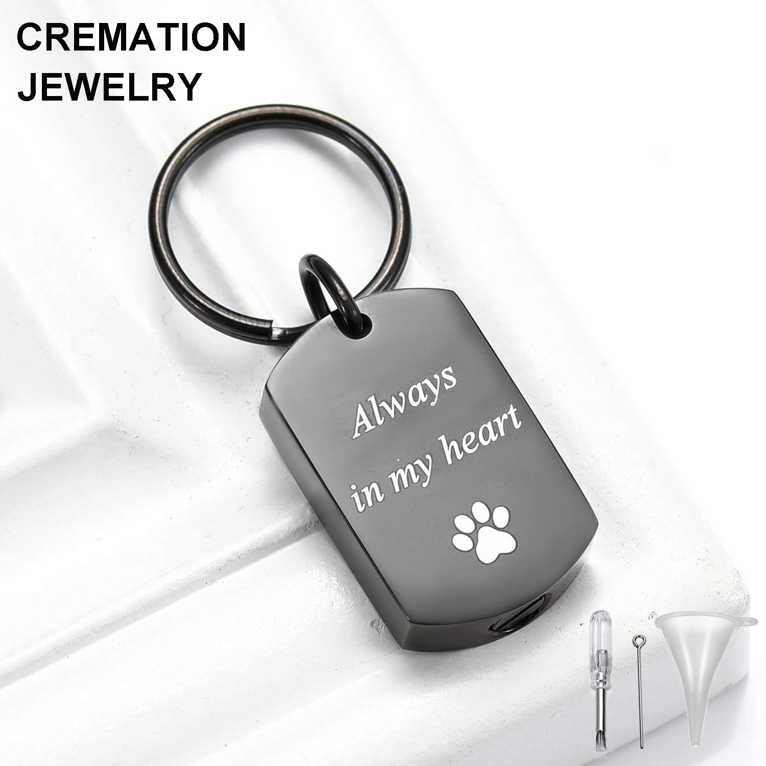 

Wholesale Stainless Steel Dog Tag Cremation Urn Key Chain with Cute Paw Print Always in My Heart Ashes Urn Keychain for Pet Ash