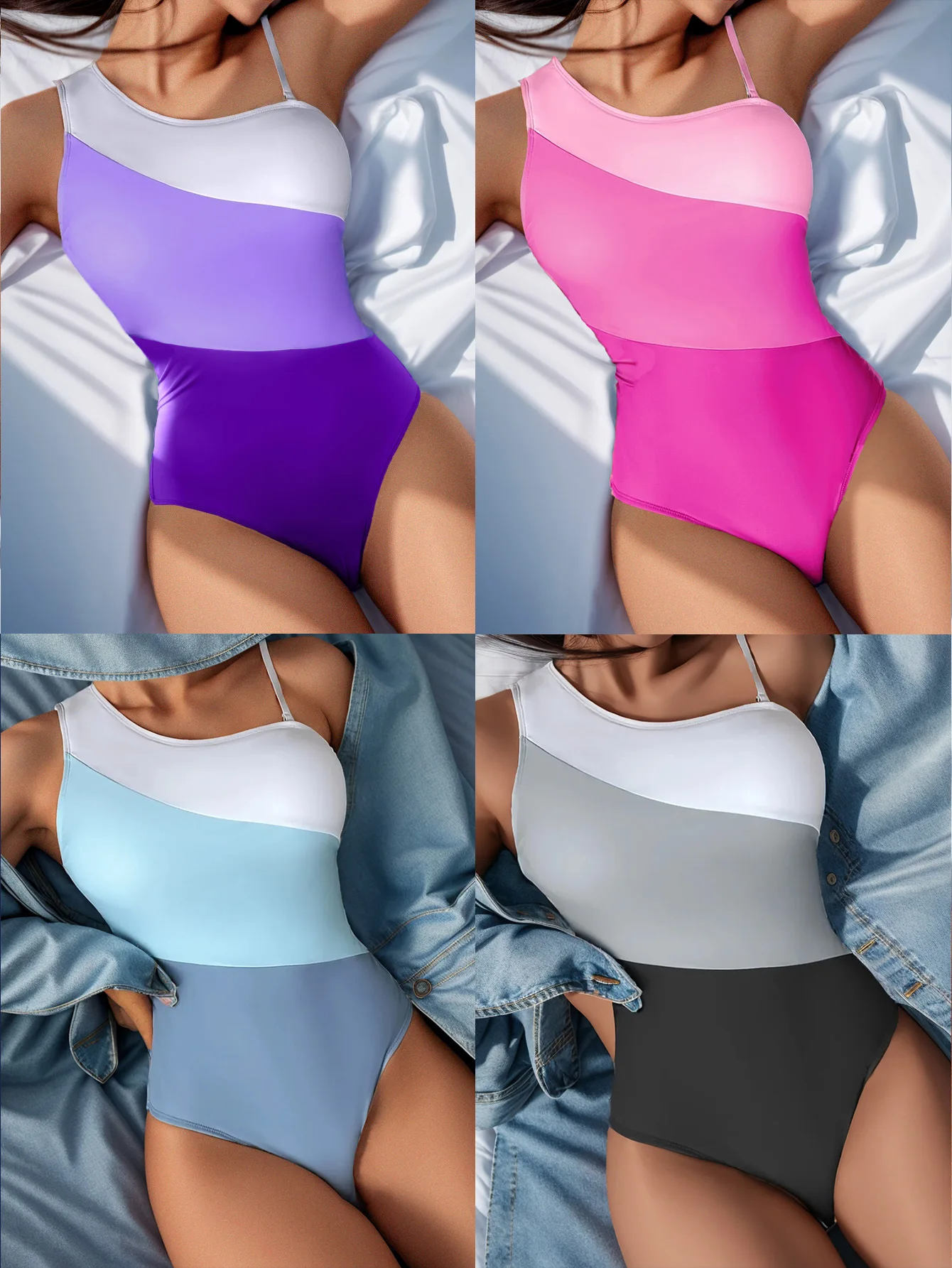 

2026 Colorblock Cut Out One Shoulder Swimsuit One Piece Swimwear Women Sexy Bather Bathing Swimming Swim Suit Female Beachwear