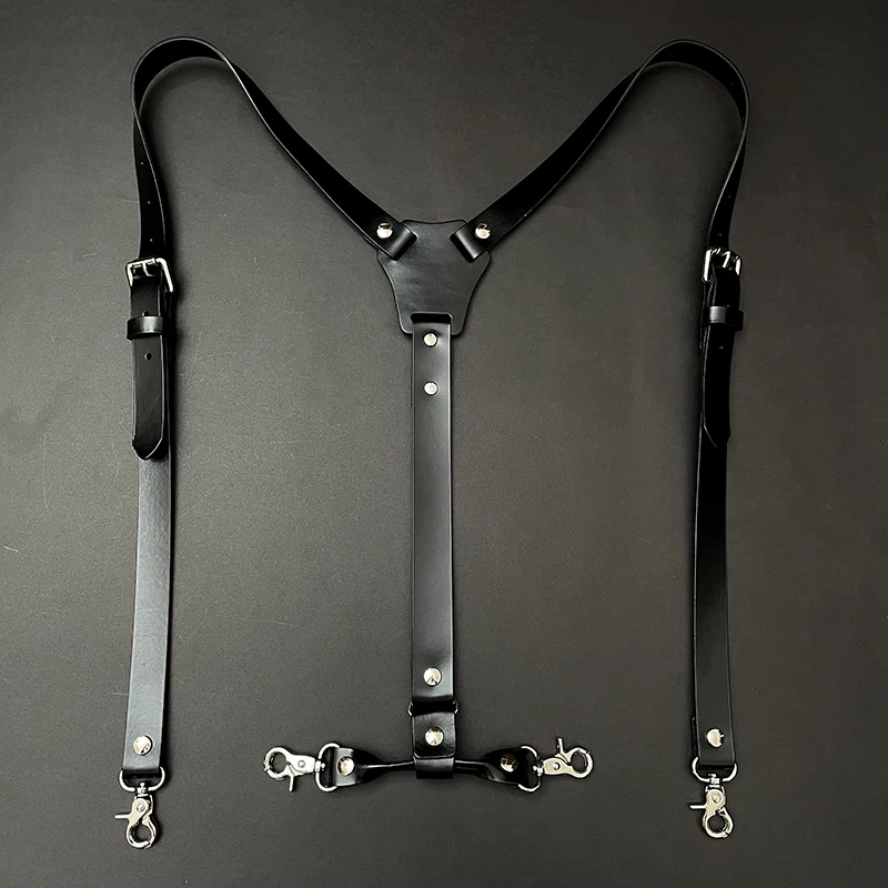 黒革サスペンダー-ステンレス鋼フック-落下防止-ユースウエストベルト-レザーパンツハンガー-シルバーフックサスペンダー