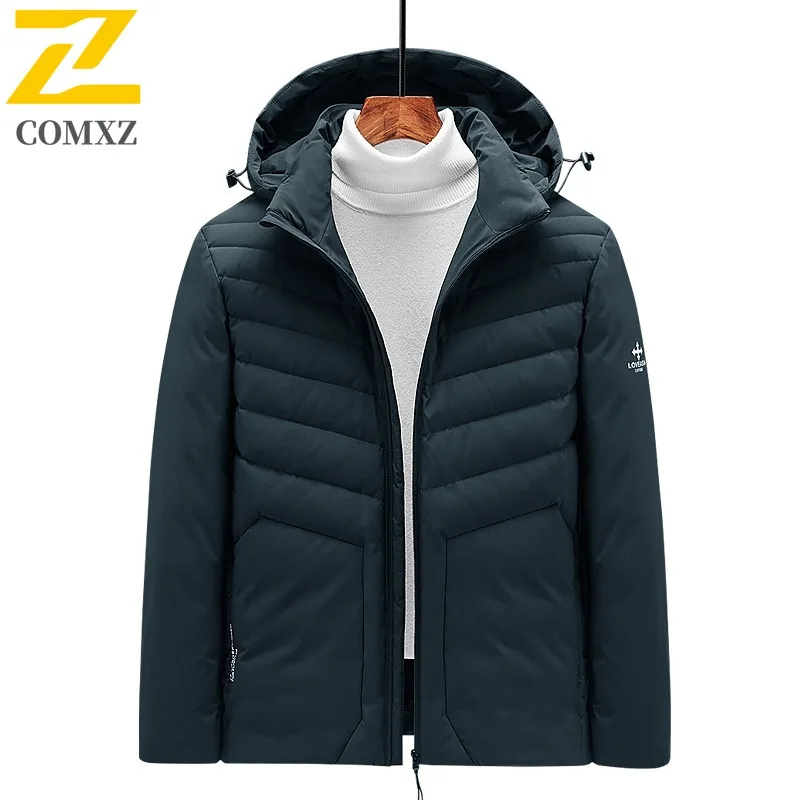 COMXZ الشتاء سترة منفوخة 2025 عادية مقنعين التنقل مكتب يندبروف أسفل معطف سليم صالح الأبيض بطة أسفل الملابس سميكة
