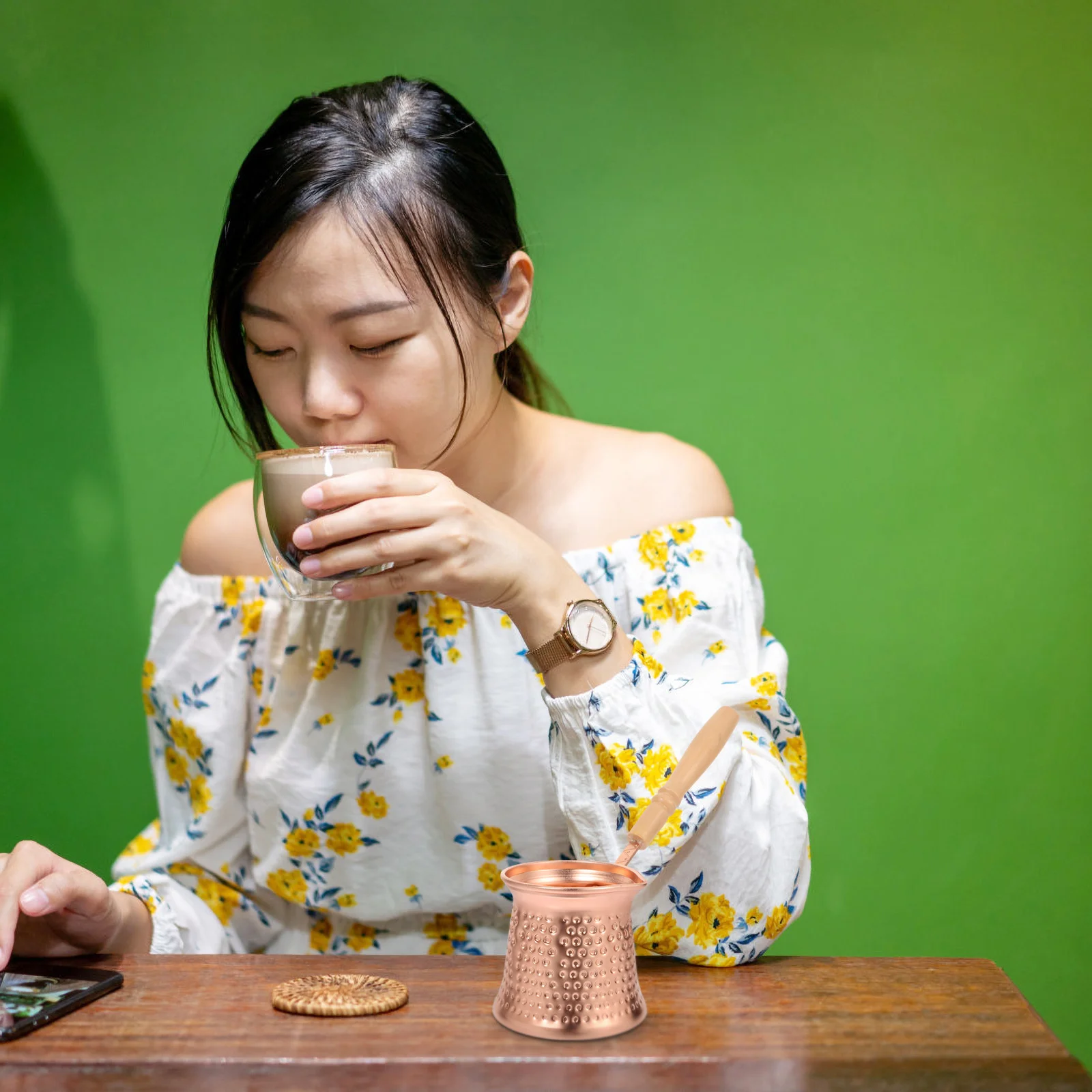 

Copper Alloy Turkish Coffee Pot Wooden Handle Stove Top Coffee Maker Milk Heating Ibrik Metal Beverage Pot Ibrik