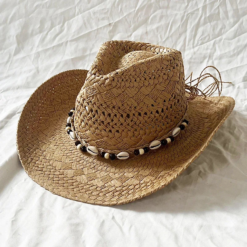 

Handmade Women Men Straw Hat Summer Beach Shell Vintage Beads Hollow Out Western Wide Brim Sun Hat Fishing Holiday Bohemian Cap