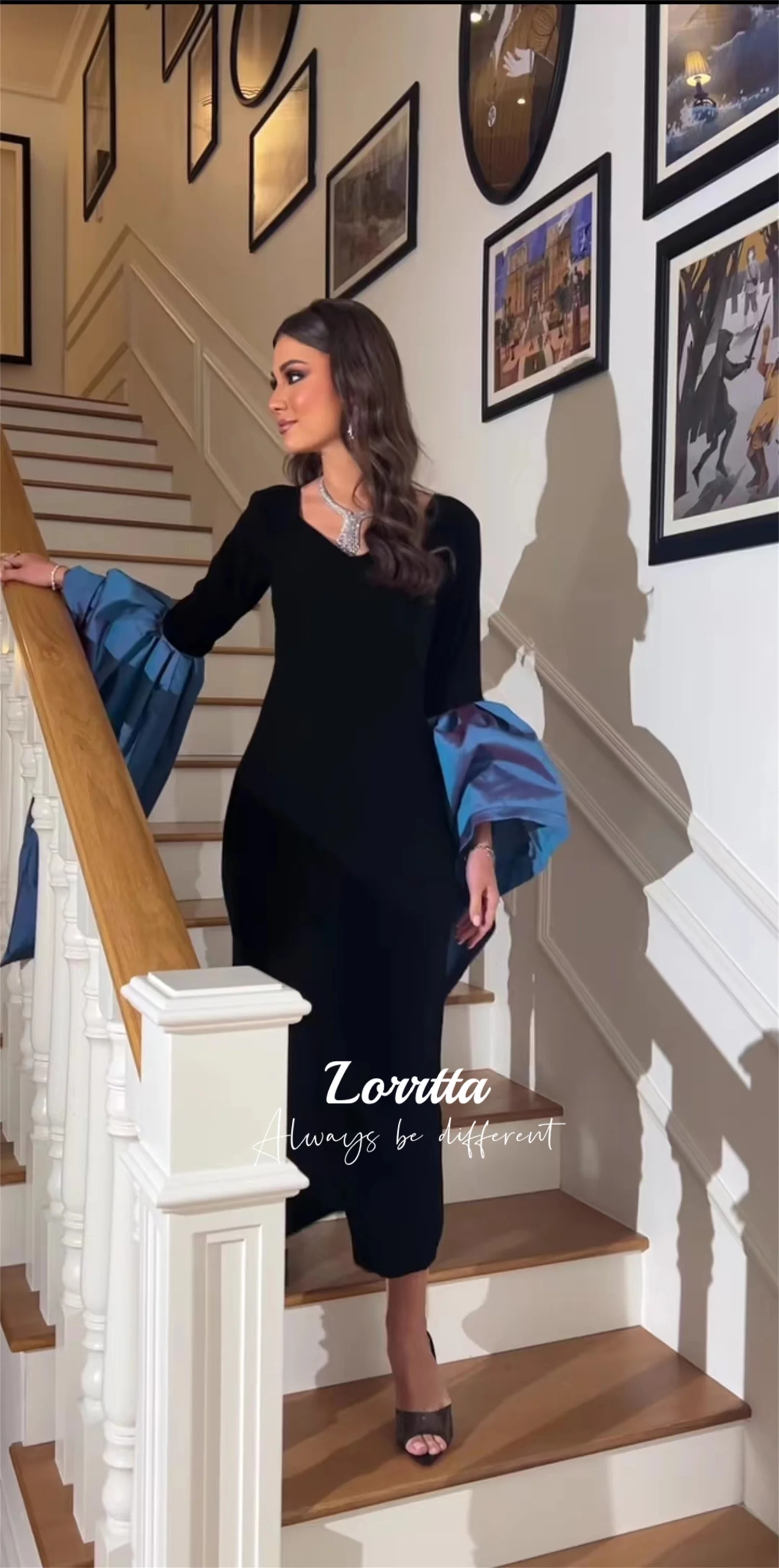 Lorrtta Black V Neck Evening Gown Ankle Length Blue Bell Sleeve Elegant Formal Occasion Dress Customizable Sizes and Colors