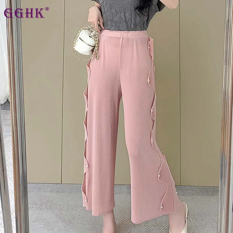 

GGHK 2026, новые женские розовые широкие брюки с морщинами, дышащие повседневные женские брюки с высокой талией, весна/лето, повседневные брюки, размер вверх