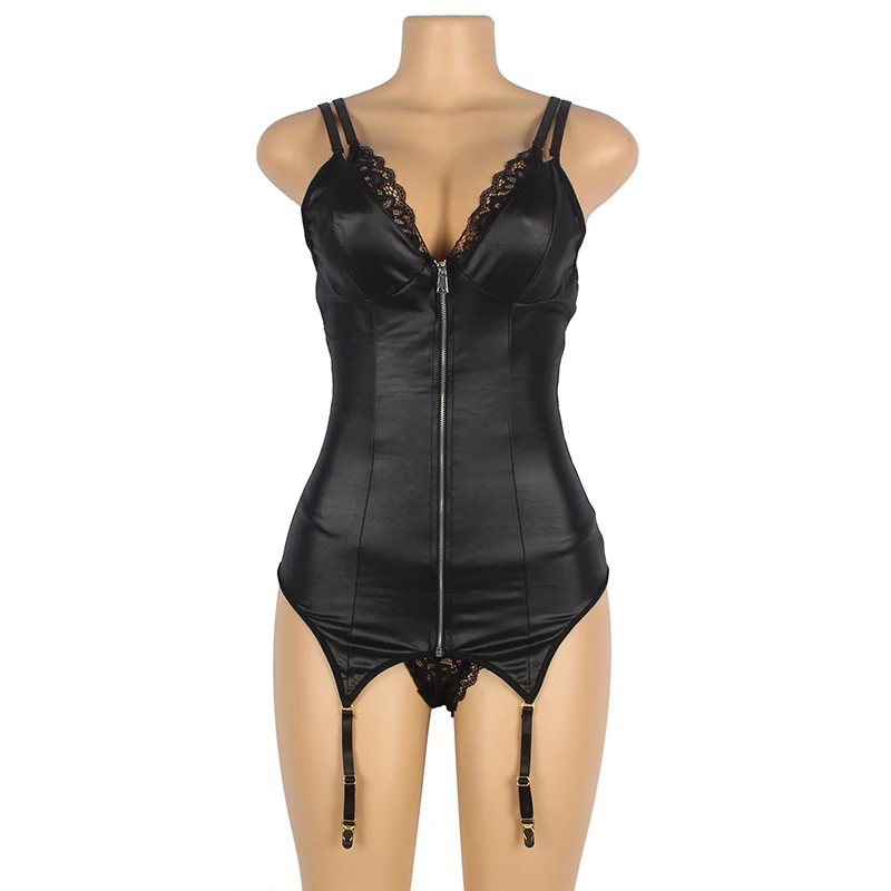 Plus Size 5XL Faux Leather Leotard Shiny Zipper Front Bodycon Mini Lingerie Dress Sexy Costume Shiny Cocktail Party Dress