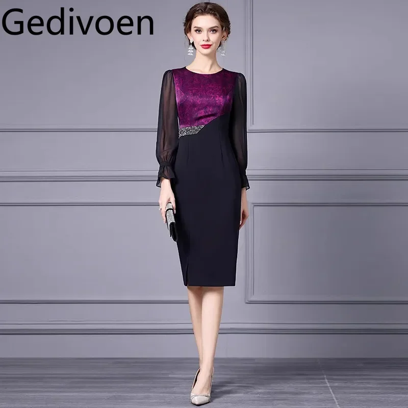 Gedivoen Women's Elegant Commuter Dress Flare Sleeved Beading Color Block Patchwork Pretty Slim-Fit Hip Wrap Pencil Dresses