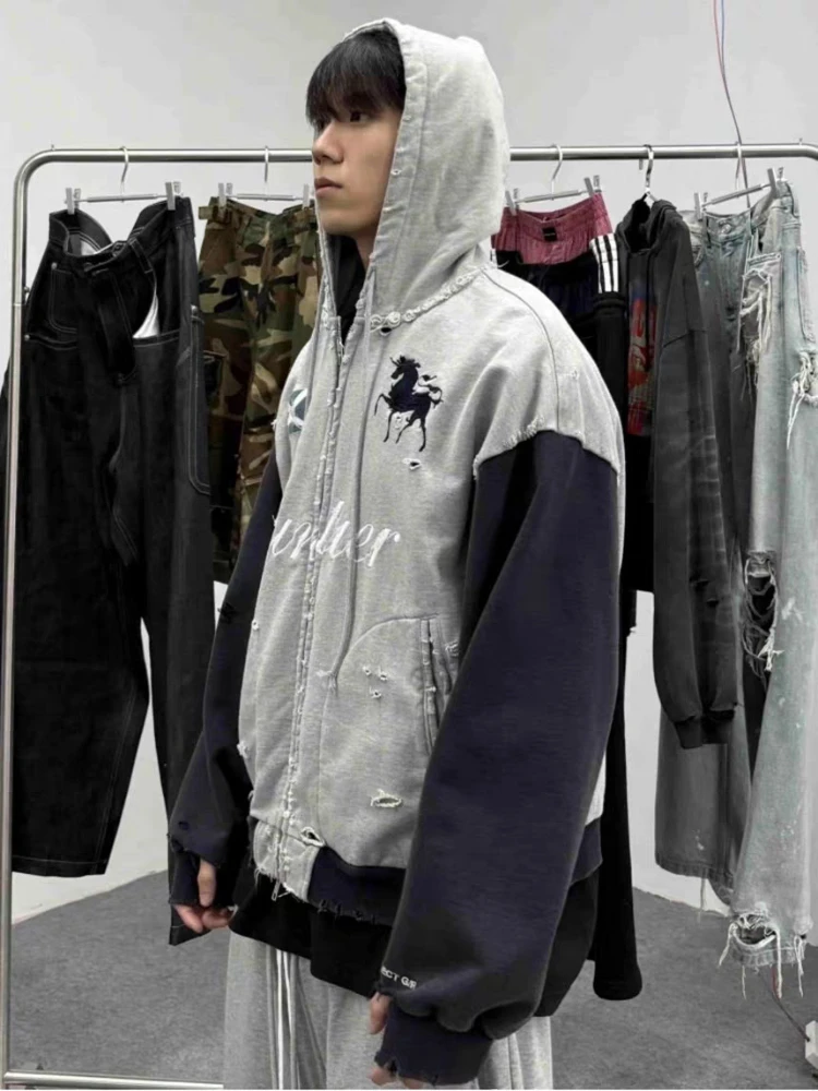 

Grailz LEARL Splicing, Washing, Making Old, Grinding, Embroidered, War Horse Zipper, Hooded Hoodie for Men