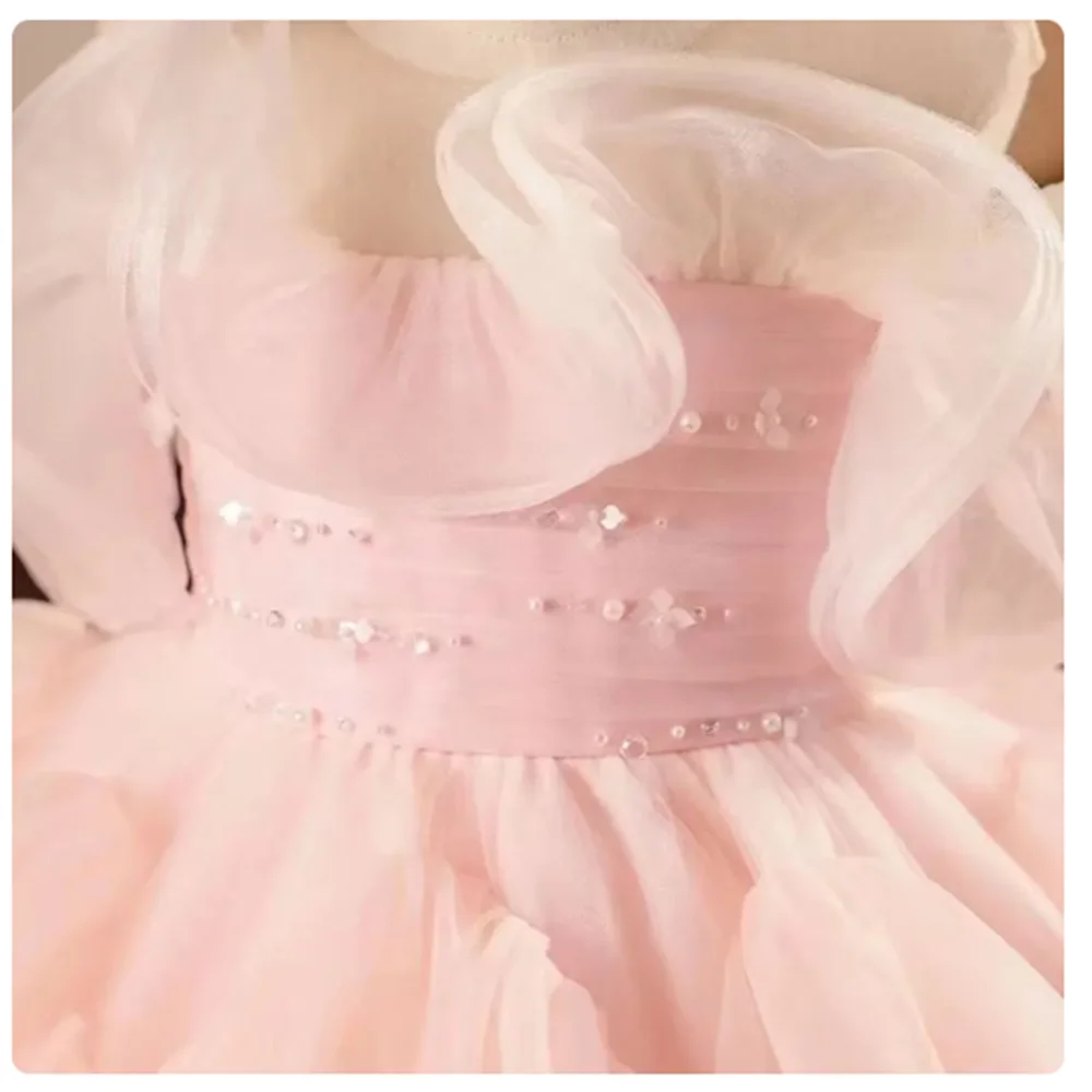 Elegant Pink Flower Girl Dress Beaded Baby Kids Princess Wedding Birthday Party First Communion Customize Gown