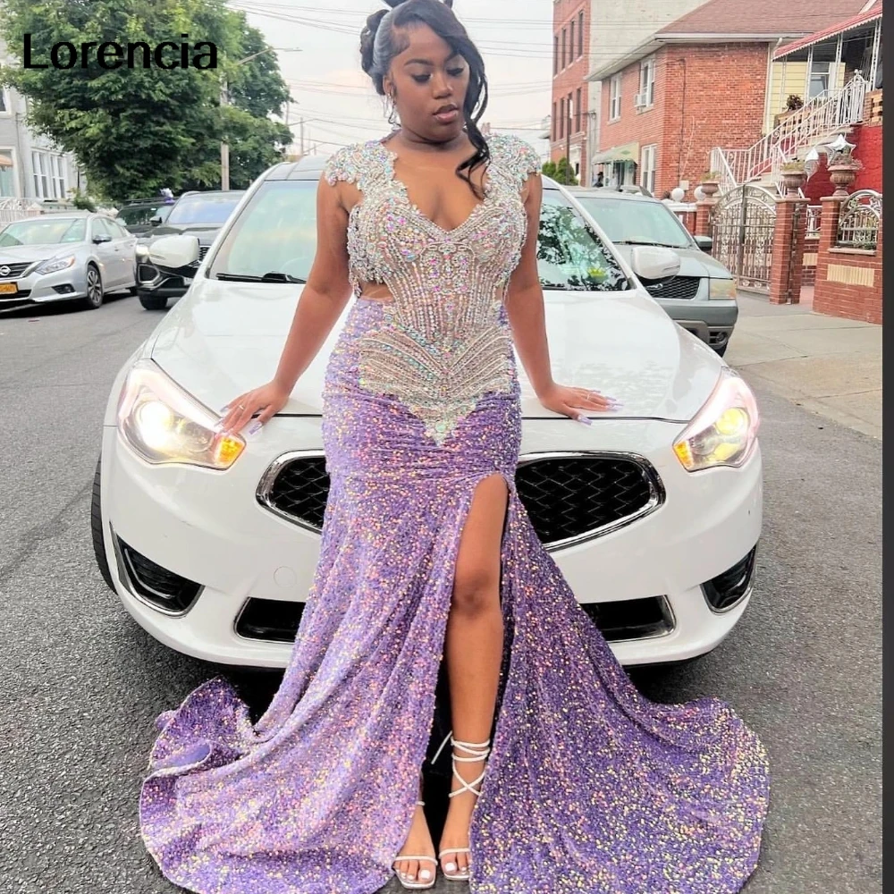 Lorencia Glitter Purple Sequins Prom Dress For Black Girls 2024 High Slit Silver Crystal Beaded Party Gown Robe De Soiree YPD133