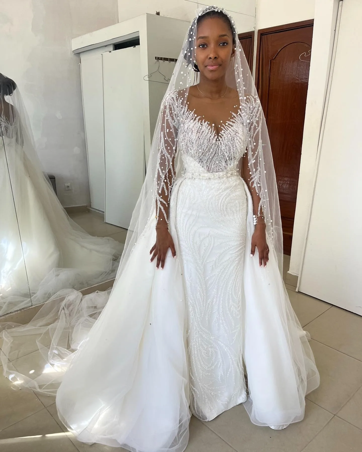 

Свадебное платье русалки с прозрачным вырезом и блестками, свадебное платье Robe De Mariée, свадебное платье с длинными рукавами и съемной юбкой по индивидуальному заказу