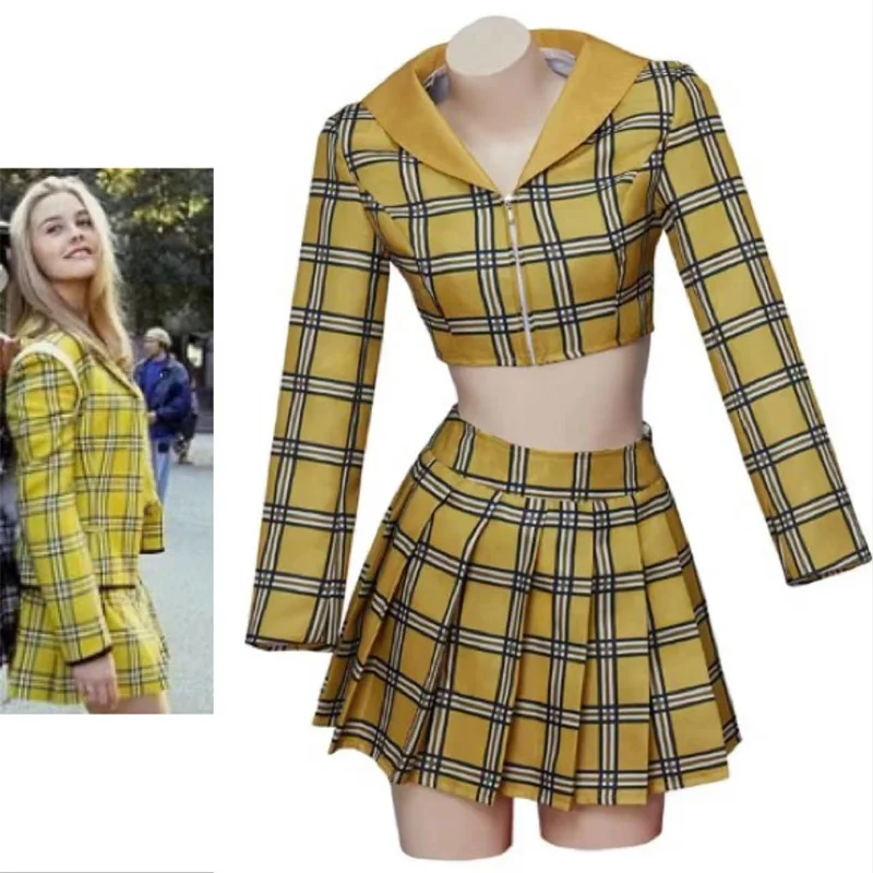 Disfraz de Cosplay de Cher horomitz para niña, uniforme escolar amarillo a cuadros, Top corto, falda, traje