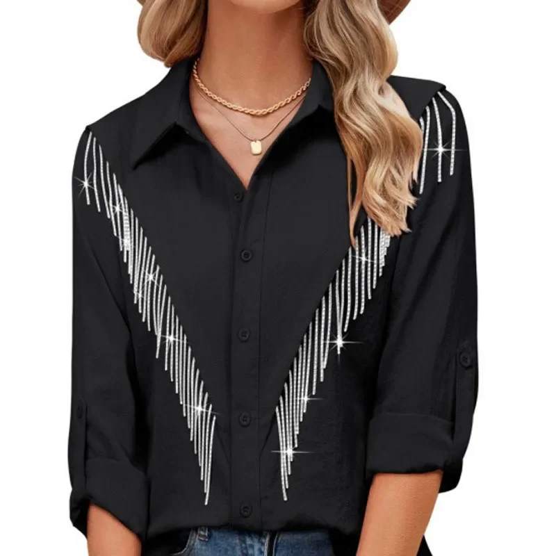 Women\'s Fashion Shiny Rhinestone Fringe Single Breasted Long Sleeve Casual Lapel Shirt Western Cowboy Country Concert Outfit