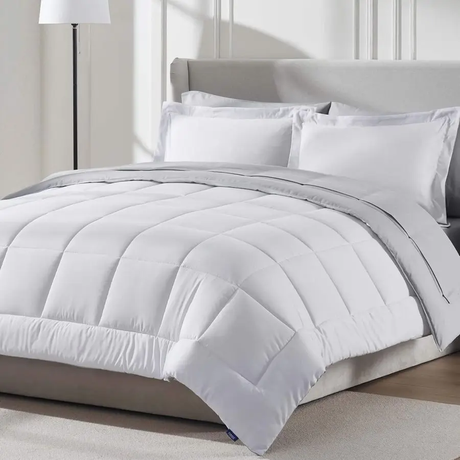 

7 Piece Full Comforter Set White Reversible Bed in a Bag Complete Full Size Bedding Set with Sheets, Pillowcases and Shams