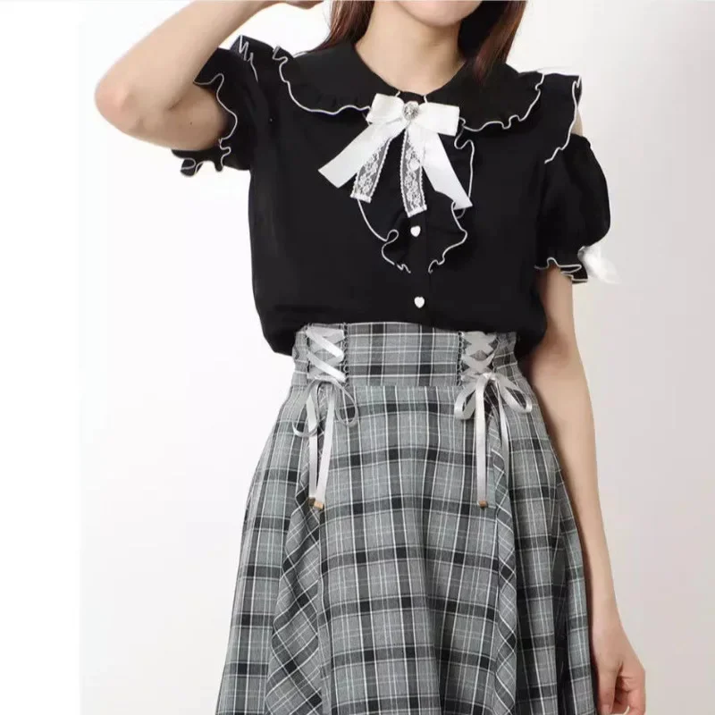 

Bow Lace Y2K Landmine Tops&Tees SC Japanese Sweet JK Cute Kawaii Shirt Off Shoulder Top Lolita Short Sleeve Shirt Top Tee New