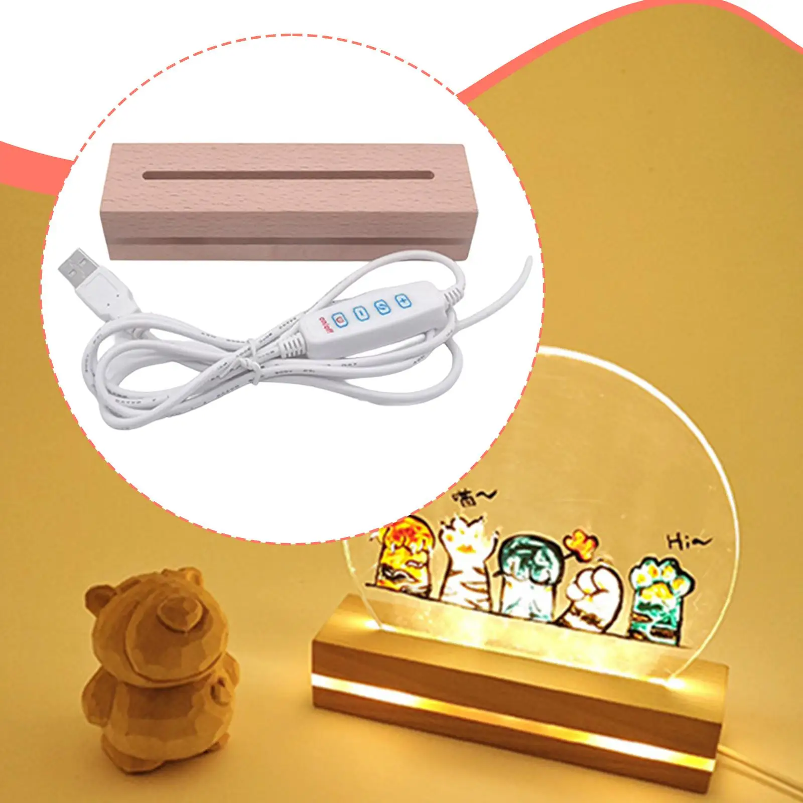 

Прямоугольная деревянная подставка для лампы со светодиодной подсветкой, питание от USB, для декоративного и необычного освещения спальни