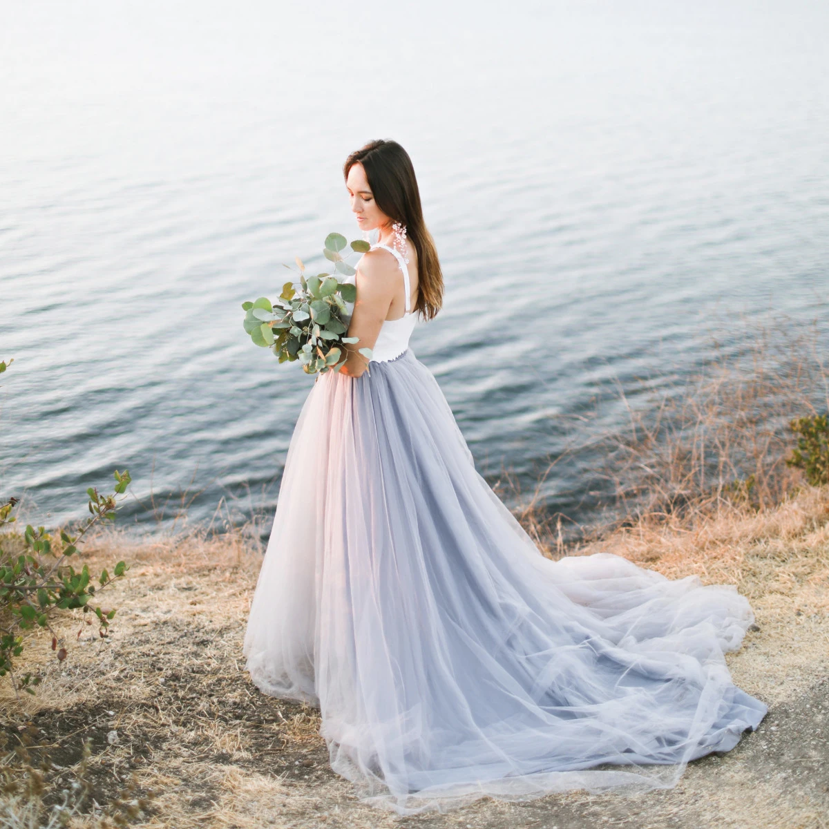 

Romantic Seaside Dusty Blue A-line Bridal Tulle Skirts High Quality Long Women Tulle Skirts With Train Maxi Skirt Elastic