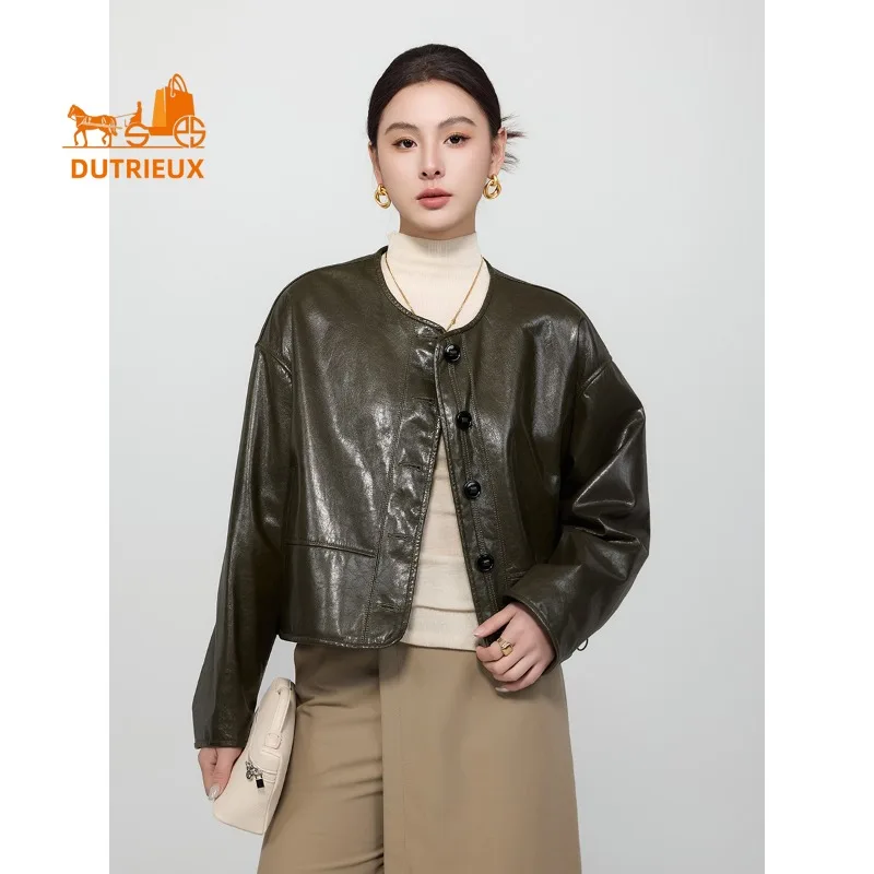 Giacca da donna in vera pelle con collo rotondo corto autunno inverno double face, vera pelle di pecora al 100%, cappotto elegante alla moda per donna