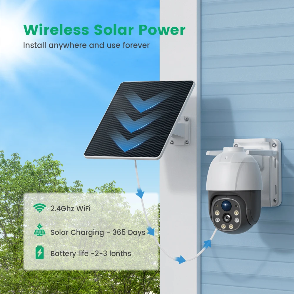 8MP Wireless Solar Camera Dual lens WiFi PTZ Camera Outdoor Built-in Battery Video Surveillance Camera Long Time Standby iCsee