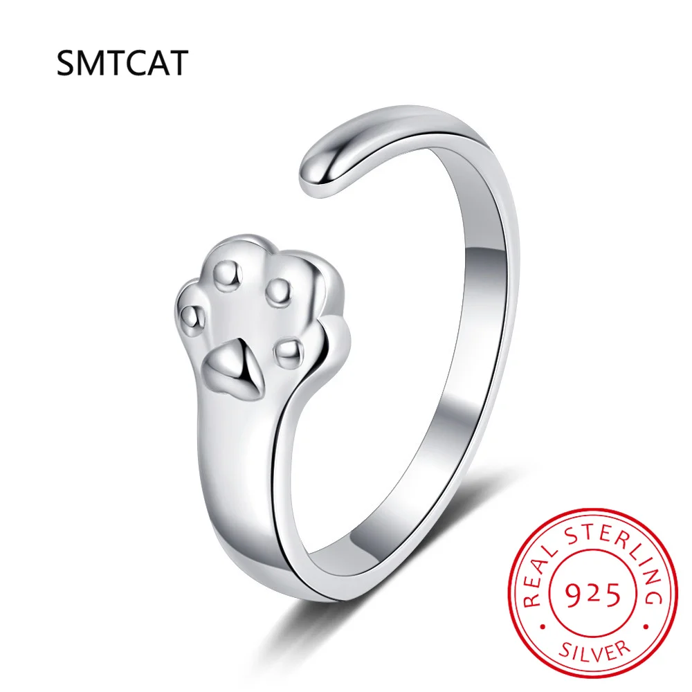 925 Sterling Silver Cat Dog Footprints Paw Adjustable Ring for Women Wedding Silver Ring Bague anillos Jewelry 2024