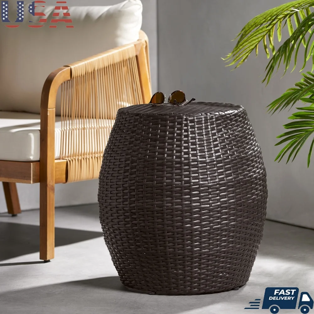 

Outdoor Wicker Side Table 14 Inch Durable Iron Frame Handcrafted Polyethylene Patio Garden Furniture