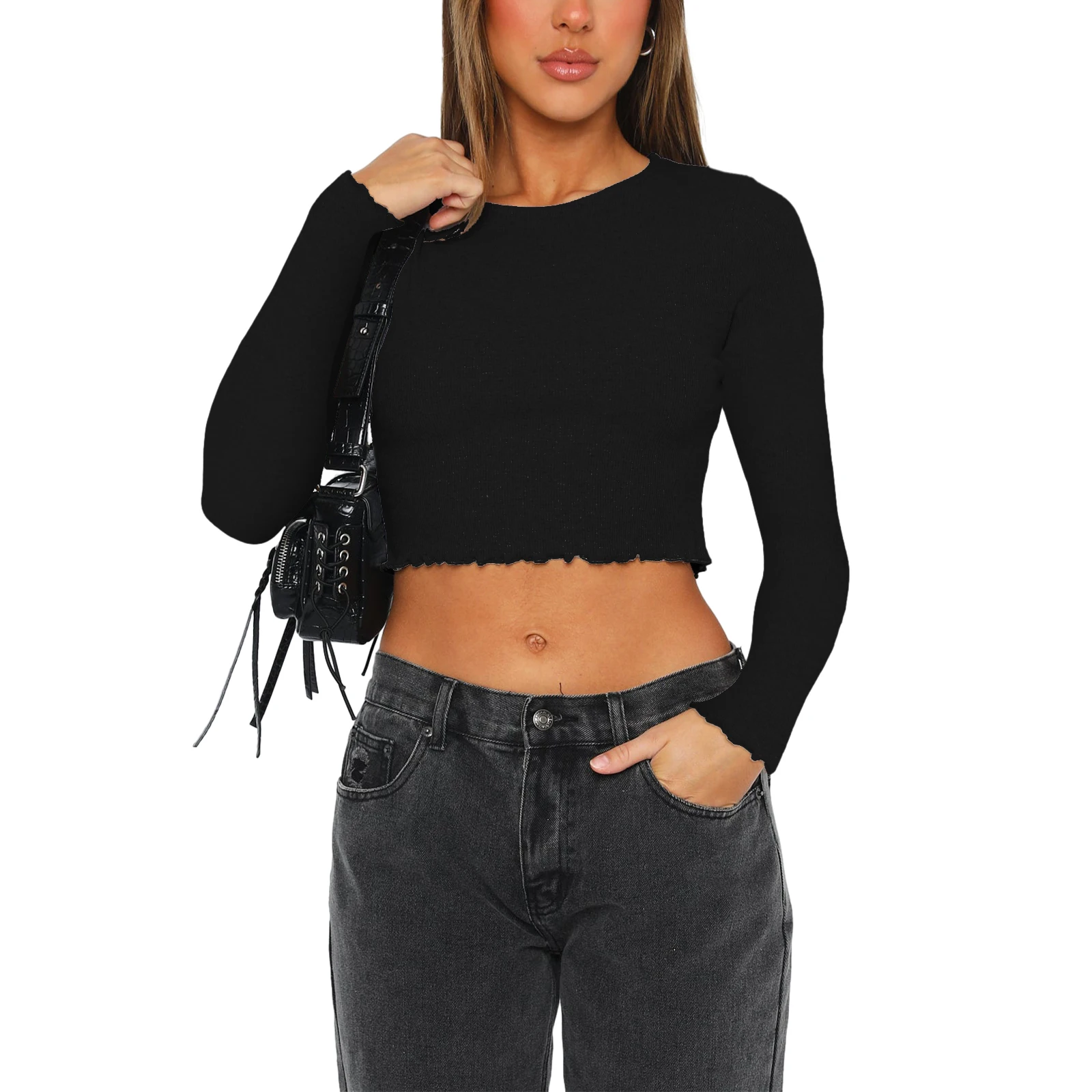 Ladies Stylish Long Sleeve Crop Tops in Vibrant Colors Round Neckline  Fit Perfect for Spring and Fall Trendy