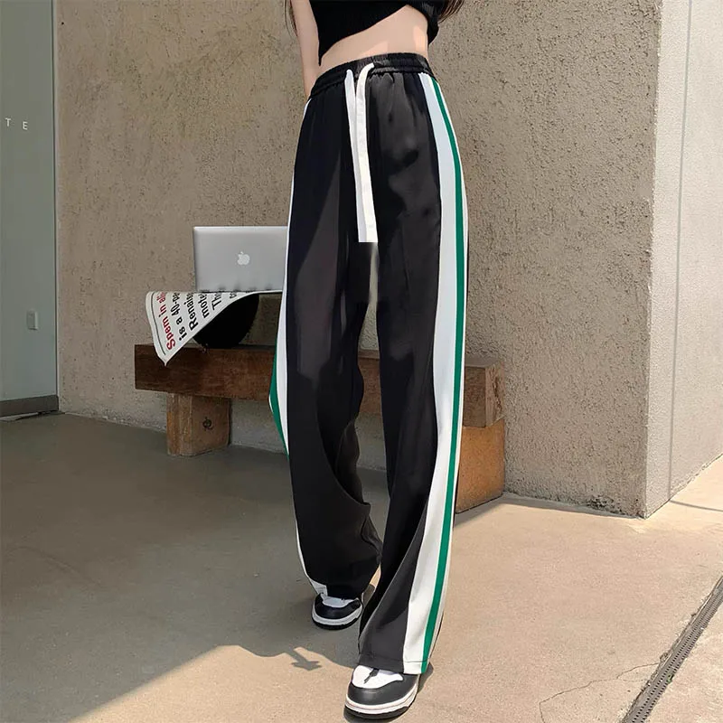 Large size casual leg tied black straight leg American work pants for spring and autumn women chubby mm small stature slim pants