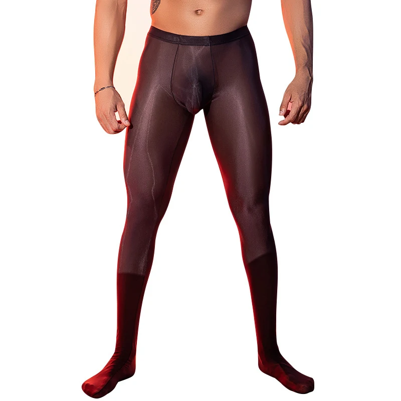 Men's Sexy Body-Shaping Pants Pantyhose Sheer Oil Shiny Glossy Foot Tights Super Elastic Silky Slim Sissy Bulge Pouch Stockings