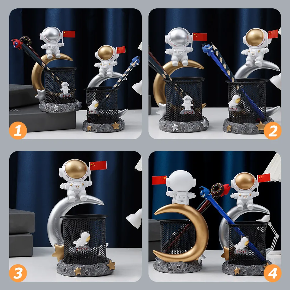 

Astronaut Pen Holder Resin Iron Desktop Organizer for Pens Brushes Makeup Tools Table Decor Study Office Space Saving Compact