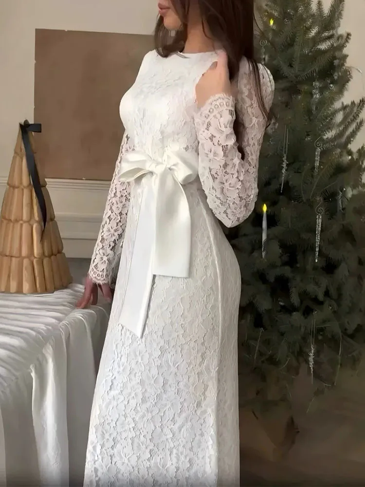 Moda feminina arco manga comprida a linha vestido outono elegante cintura alta robe vestidos senhoras o pescoço renda fino ajuste vestido de festa novo