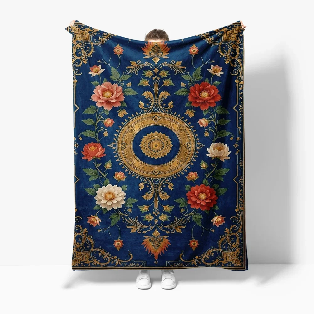 Luxurious Velvet Floral Embroidery Throw Blanket Sofa Bed Cover Decorative Bedspread with Golden Frame Cushion Cover