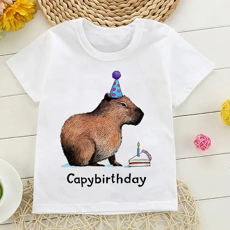 Children\'s Clothing Girls Elementary White Cartoon Capybara Birthday T-Shirt for Boys Short Sleeve Korean Fashion Kids Tee Tops