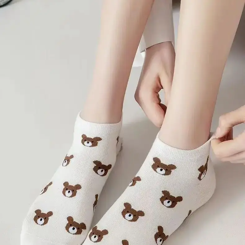 5 Pairs Cute Cartoon Bear Low Cut Ankle Socks for Women - Soft, Lightweight, and Comfortable