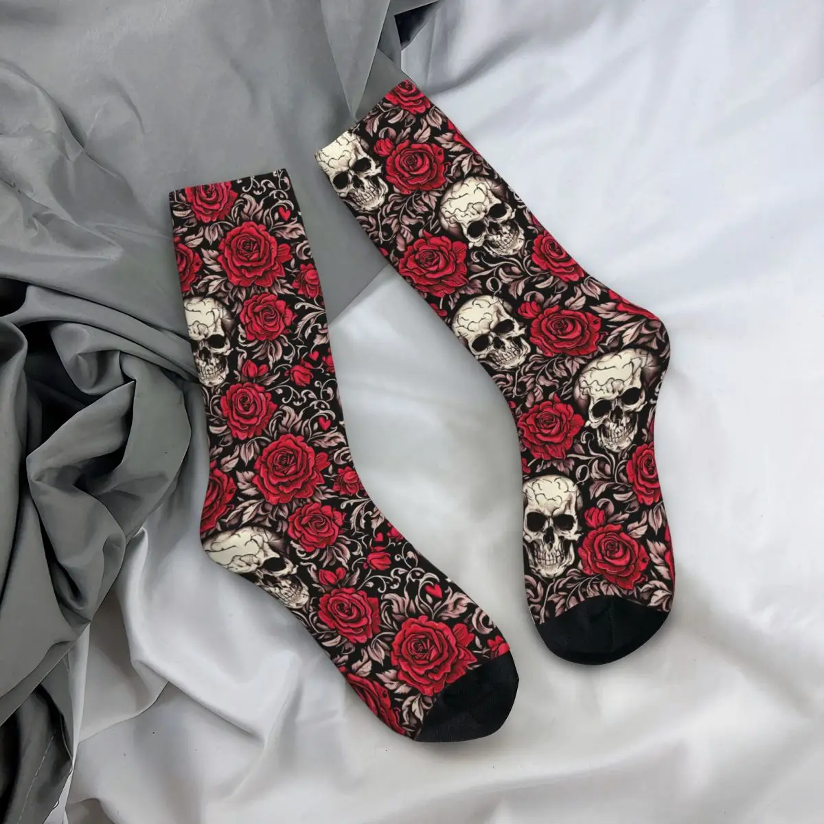 All Seasons Crew Stockings Rose Skull Gothic Style Pattern Socks Funny Long Socks for Men Women Valentine's Day Gifts