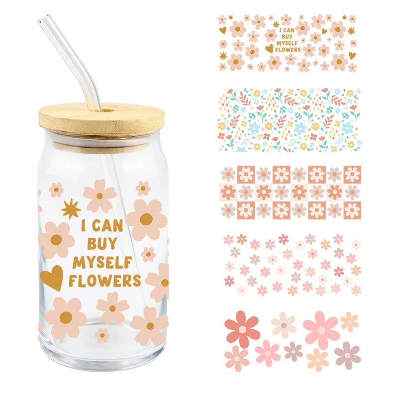 16 унций стаканчик Uv Dtf переводная наклейка «я могу купить себя» цветы «сделай сам» водонепроницаемые устойчивые к высоким температурам пользовательские наклейки простые в использовании