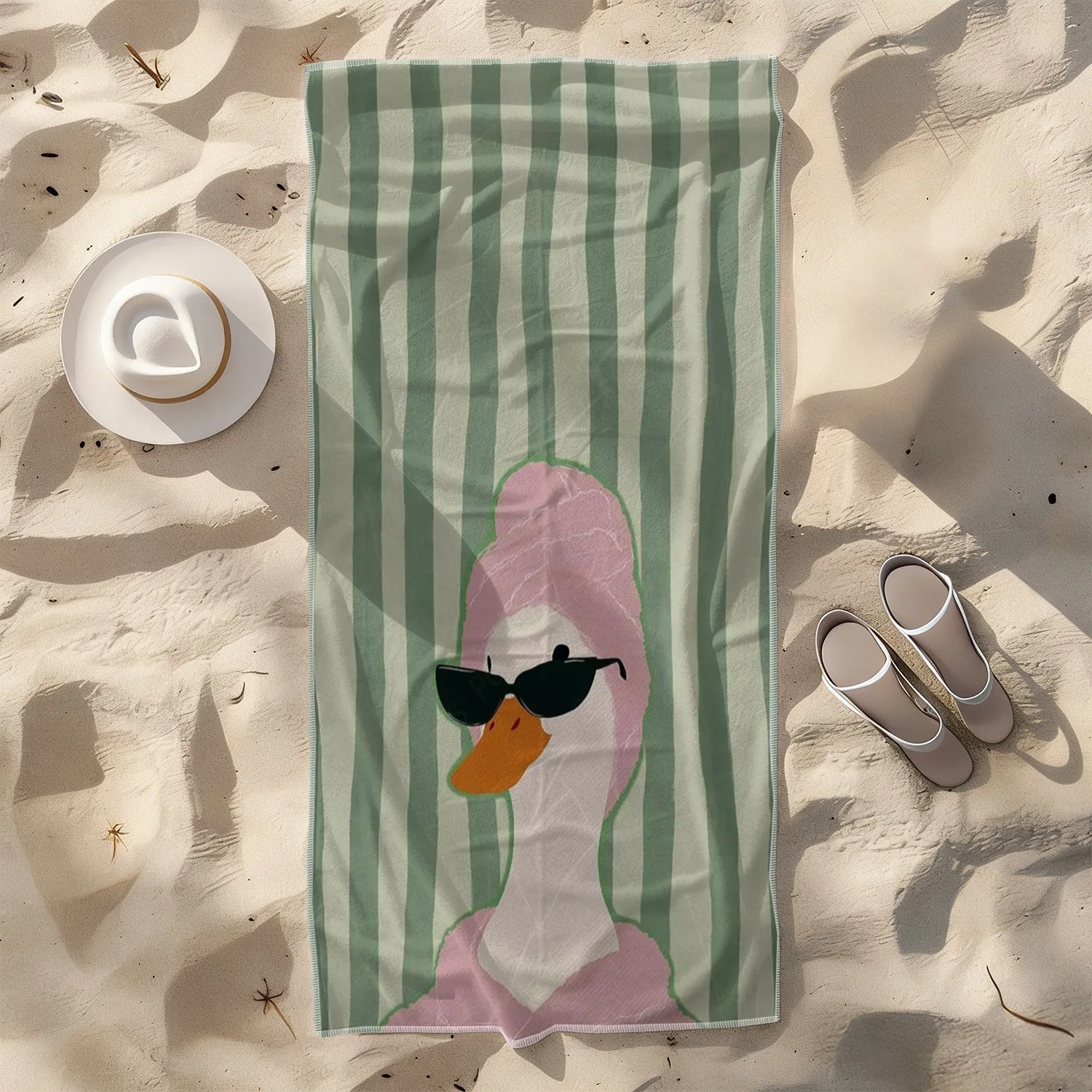 1 pieza, toalla de playa suave con diseño de pato, estilo moderno y a la moda, con pañuelo rosa para la cabeza y diadema rosa, estampado de rayas verticales frescas