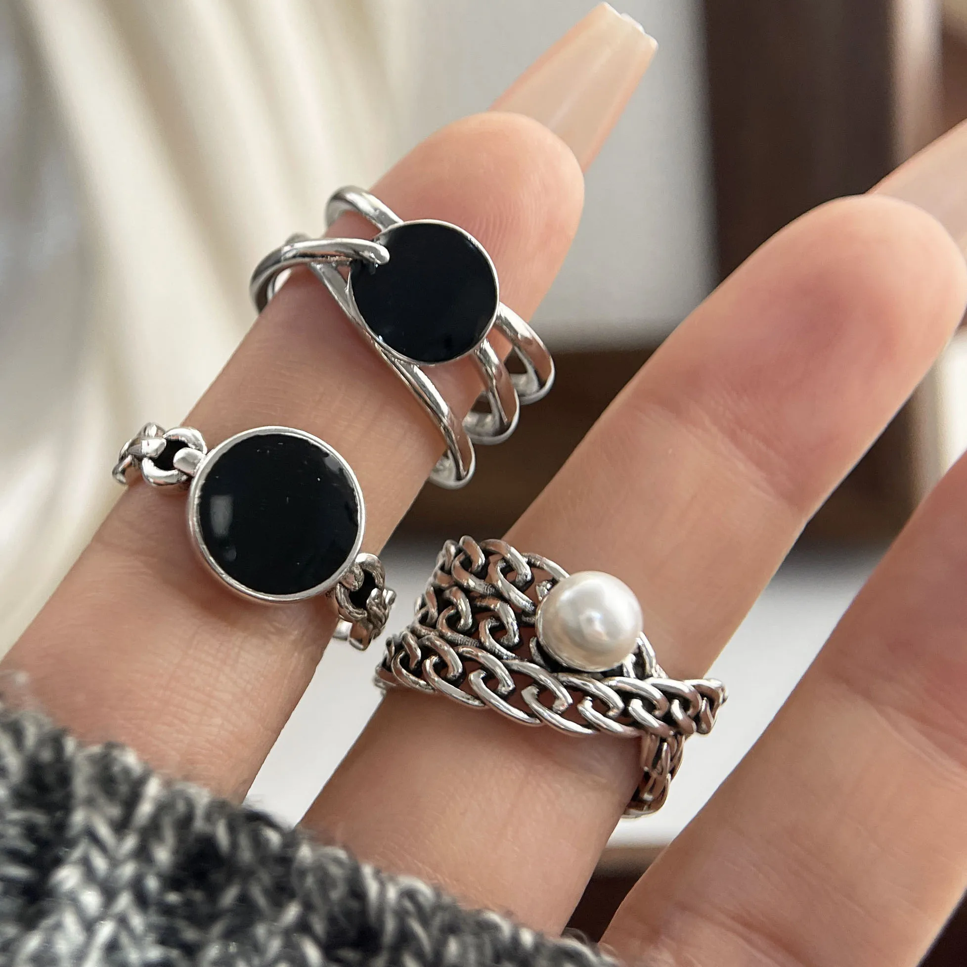 

Кольца из стерлингового серебра 925 пробы для женщин, пара, минималистичный ручной работы, простое кольцо с черным камнем, ювелирные изделия, подарок, предотвращение аллергии