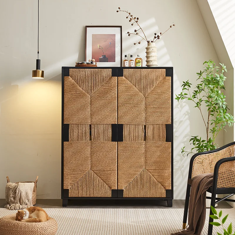 Rattan solid wood dining side cabinet, silent wind black porch cabinet, storage storage cabinet, double door cabinet