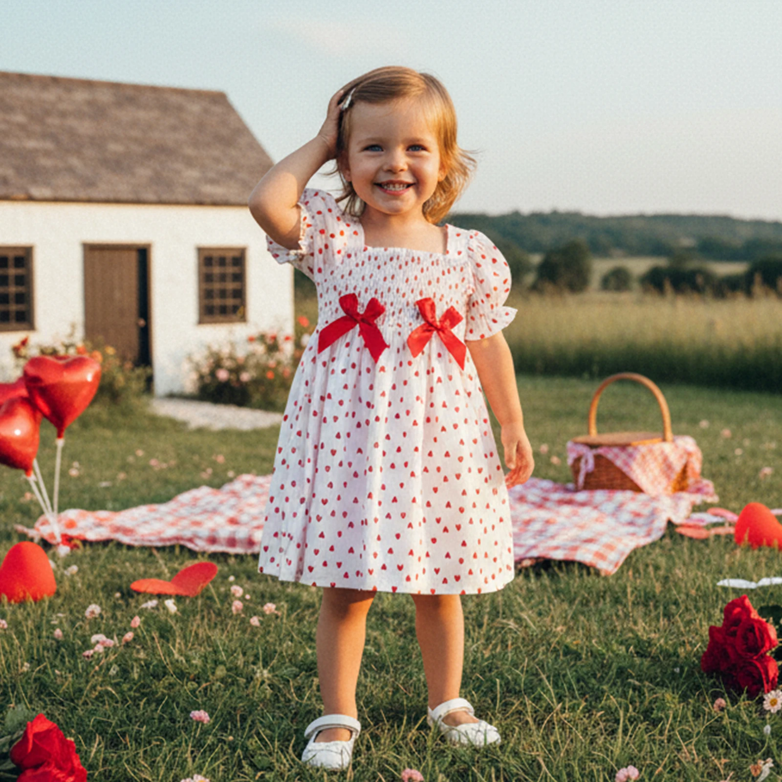 Toddler Baby Girl Valentine's Day Dress Puff Short Sleeve Square Neck Heart Print Smocked A Line Dresses