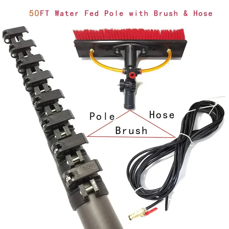 

Телескопическая стойка из углеродного волокна 50 футов с щеткой для подачи воды для чистки окон солнечной панели (15 м, весь комплект)