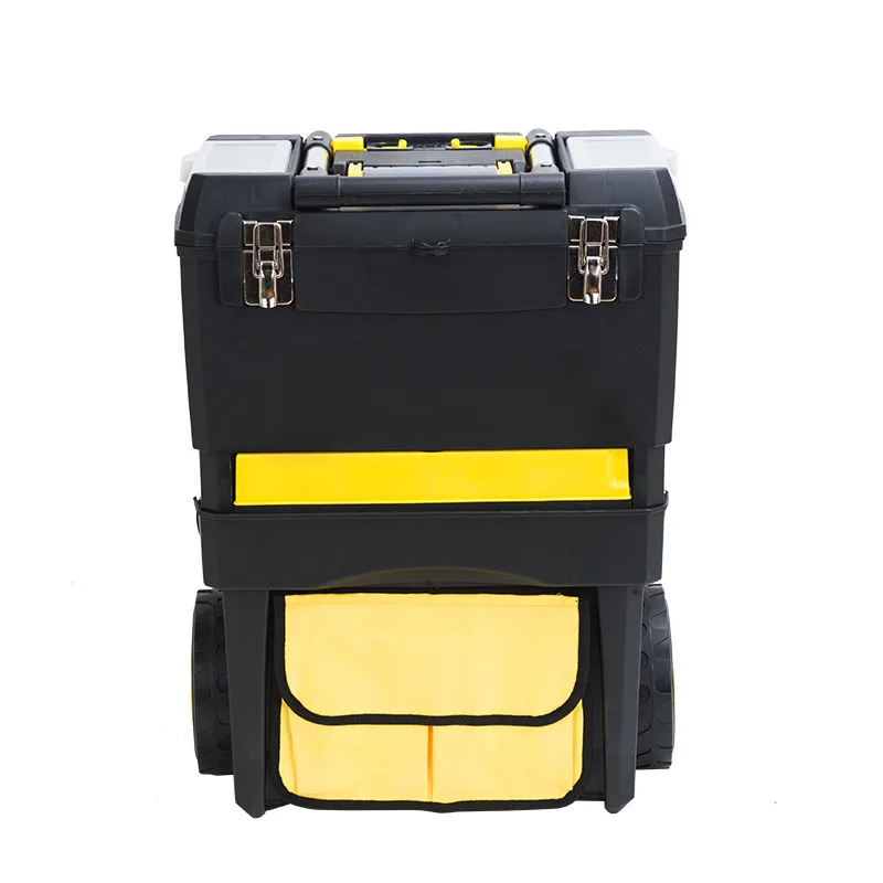 18 Inch Wheeled Pull Rod Organizer Box, Plastic Metal Combined Case, For Cosmetic And Hardware Parts Storage