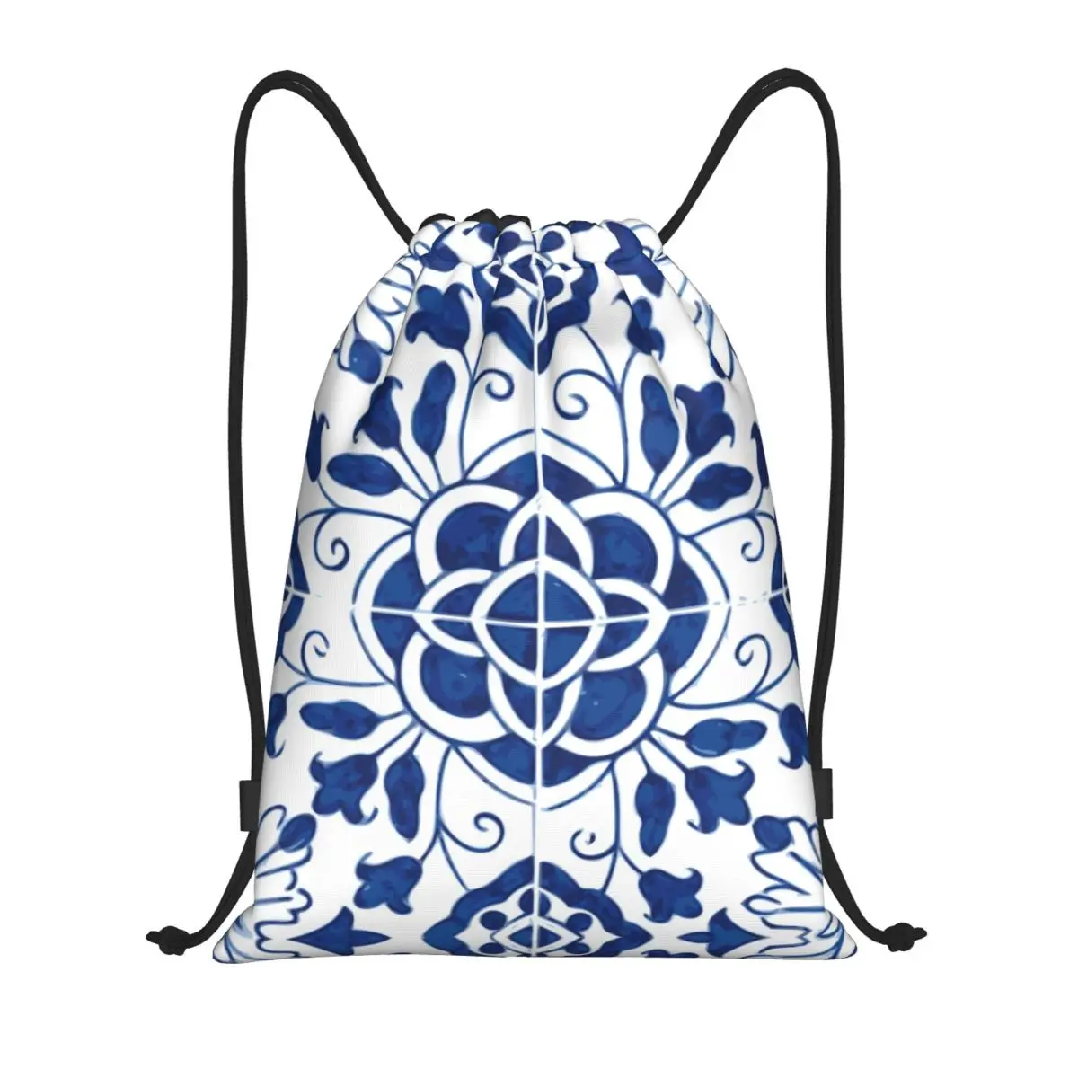 Mochila con cordón de azulejos de porcelana portuguesa azul personalizada, bolsa de gimnasio deportiva para hombres y mujeres, mochila de compras con patrón de flores