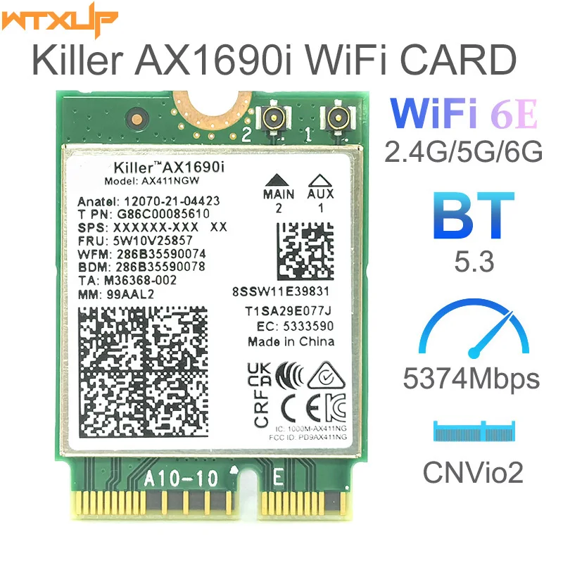 AX1690i Wi-Fi 6E AX411 Killer 1690i Speed 2.4 Gbps 802.11ax 2.4/5/6GHz Bluetooth 5.3 BT5.3 wifi network card CNVio2 key E