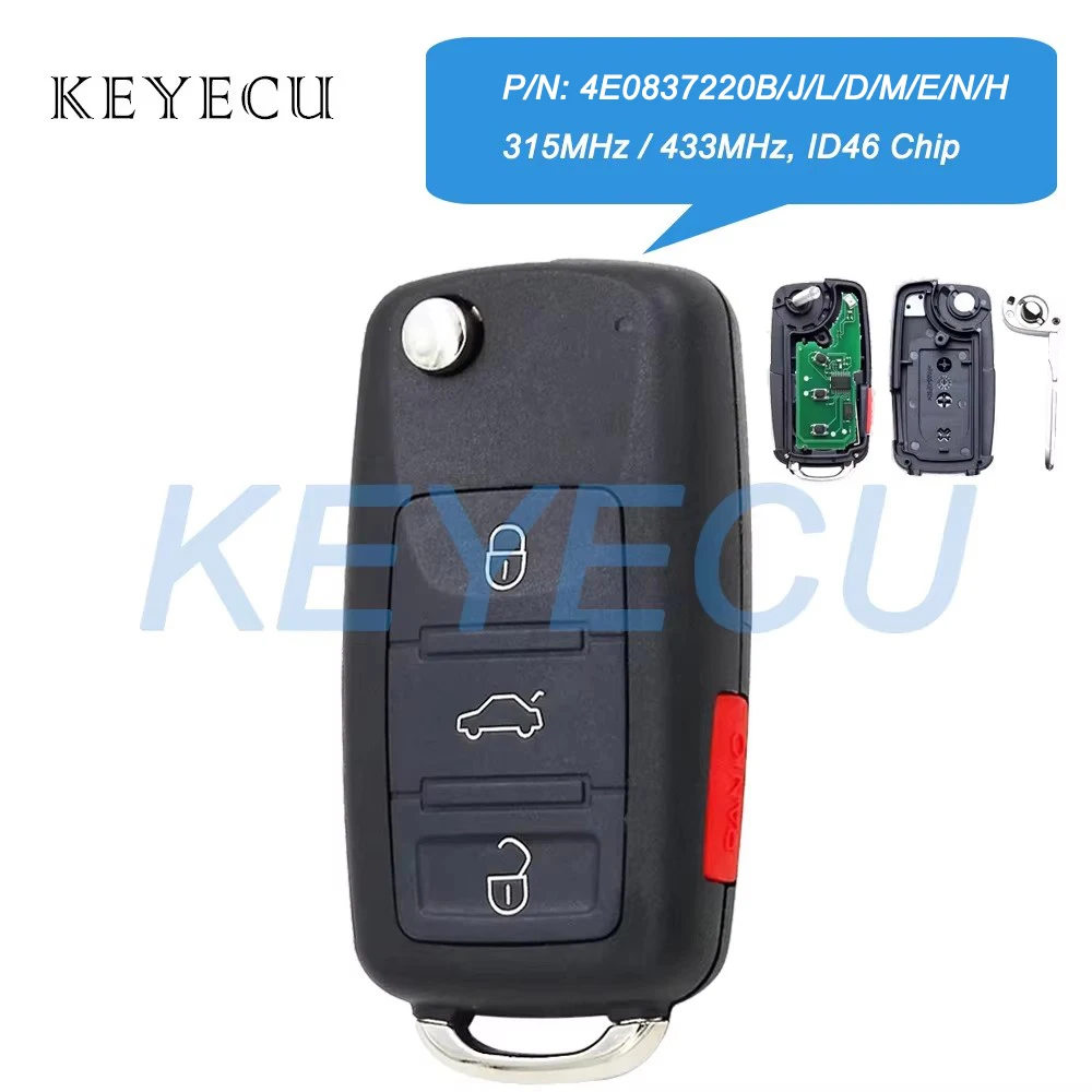 Keyecu For Audi A8 S8 2003 2004 2005 2006 2007 2008 2009 Flip Remote Key Fob 315MHz 433MHz ID46 Chip 4E0837220B/J/L/D/M/E/N/H