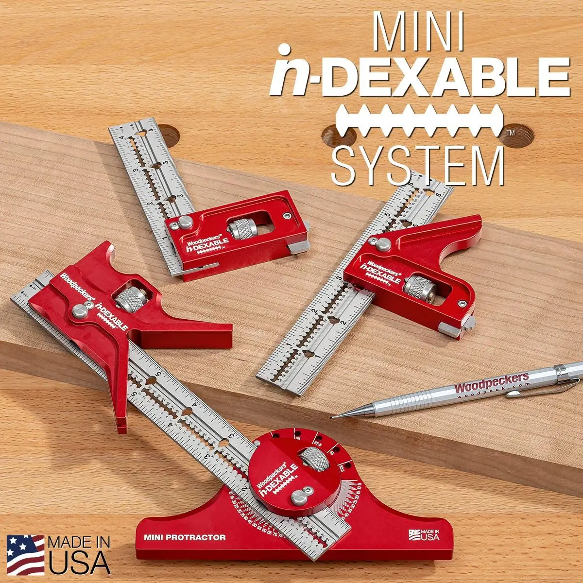 Woodpeckers inDexable Square System, Deluxe Mini Set, Feature Packed Woodworking Square - Includes 3 Blades & 4 Heads & 4 Rack