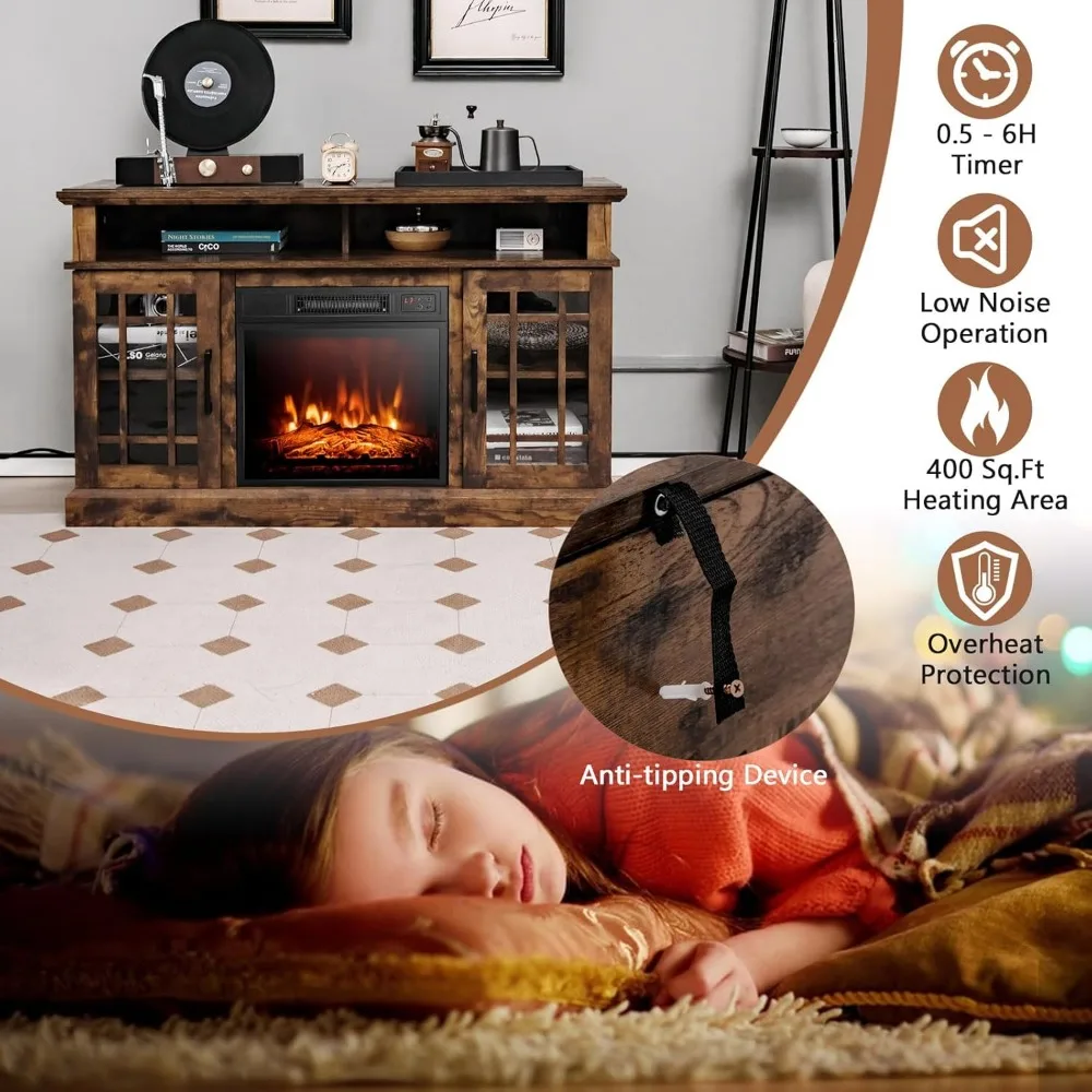 Supporto TV per camino elettrico per TV fino a 55 pollici, inserto per camino da 18 pollici con telecomando, protezione da surriscaldamento, legno da 48 pollici